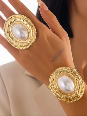 Anthropologie Gold-Tone Bracelet and Ring Set with Pearl Accents